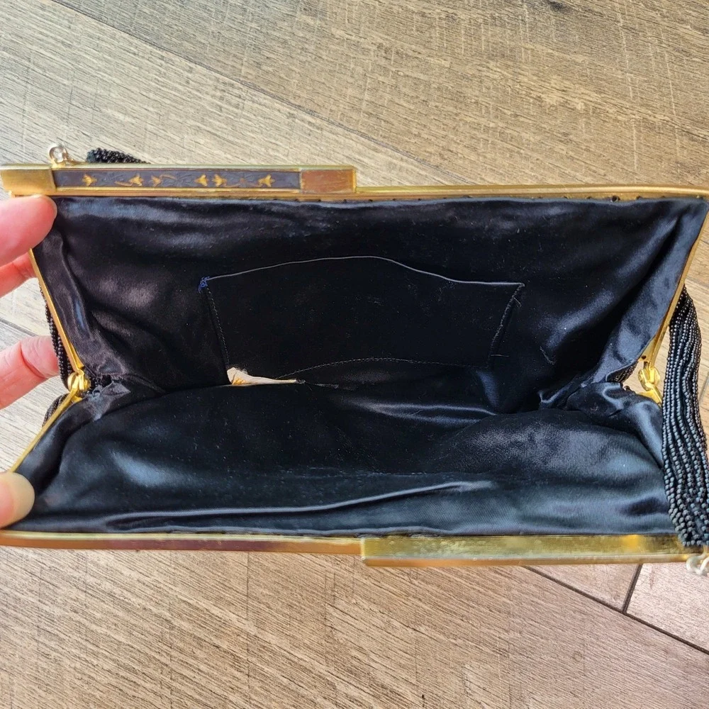 Walborg Vintage Black Bead Evening Bag Hand Made in Japan Gold Tone Frame Purse